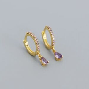 925 Sterling Silver Mini Huggie Earrings | 18K Gold Plated |  Purple CZ